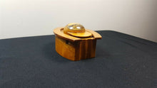 Load image into Gallery viewer, Antique Mauchline Ware Treen Wood Horse Show and Jockey Cap Inkwell Box Blairgowrie Scotland Souvenir