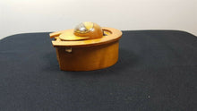 Load image into Gallery viewer, Antique Mauchline Ware Treen Wood Horse Show and Jockey Cap Inkwell Box Blairgowrie Scotland Souvenir