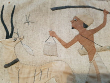 Load image into Gallery viewer, Antique Wall Hanging Panel with Deer and Hunter Man Original Art Hand Stitched Cloth  Hand Made