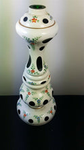 Load image into Gallery viewer, Vintage Bohemian Czech Glass Table Lamp Base Emerald Green and Milk White with Hand Painted Flowers