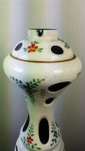 Load image into Gallery viewer, Vintage Bohemian Czech Glass Table Lamp Base Emerald Green and Milk White with Hand Painted Flowers