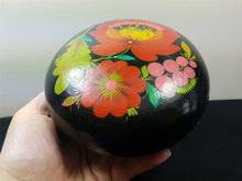 Load image into Gallery viewer, Vintage Russian Box Hand Painted Round for Powder Jewelry Trinket Black with Hand Painted Flowers Black Orange Pink Red Green 1929 Original