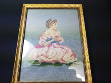 Load image into Gallery viewer, Antique Needlepoint Tapestry Girl in Pink Dress Portrait in Gold Gilt Frame Hand Made Original Needle Petite Point Embroidery Embroidered