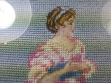 Load image into Gallery viewer, Antique Needlepoint Tapestry Girl in Pink Dress Portrait in Gold Gilt Frame Hand Made Original Needle Petite Point Embroidery Embroidered