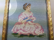 Load image into Gallery viewer, Antique Needlepoint Tapestry Girl in Pink Dress Portrait in Gold Gilt Frame Hand Made Original Needle Petite Point Embroidery Embroidered