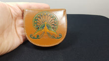 Load image into Gallery viewer, Vintage Brown Leather Coin Change Purse Wallet Hand Tooled with Peacock Bird Hand Made in England