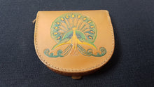 Load image into Gallery viewer, Vintage Brown Leather Coin Change Purse Wallet Hand Tooled with Peacock Bird Hand Made in England