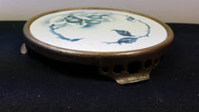 Load image into Gallery viewer, Antique French Tile Trivet Stand Blue and White Ceramic Pottery and Silver Metal with Cherries Early 1900's