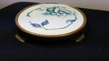 Load image into Gallery viewer, Antique French Tile Trivet Stand Blue and White Ceramic Pottery and Silver Metal with Cherries Early 1900's