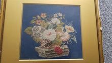 Load image into Gallery viewer, Antique Needlepoint Tapestry of Basket of Flowers in Gold Gilt Frame Late 1800's - Early 1900's Hand Made Original Floral Needle Point