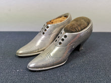 Load image into Gallery viewer, Antique Victorian Pincushion Shoes Miniature Silver Metal Straw Filled Late 1800's Pair Set of 2 Ladies Heels Pincushions Pin Cushions