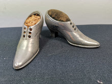 Load image into Gallery viewer, Antique Victorian Pincushion Shoes Miniature Silver Metal Straw Filled Late 1800's Pair Set of 2 Ladies Heels Pincushions Pin Cushions