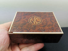 Load image into Gallery viewer, Antique Burl or Burr Wood Jewelry or Trinket Box Late 1800's - Early 1900's Original Wooden Inlaid NQ and Cow Bone Inlay Victorian
