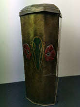 Load image into Gallery viewer, Antique Victory Tin Box Art Nouveau Tin Metal Box with Man and Woman Lady Victorian Original Late 1800's  Gold Green and Red