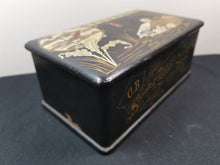 Load image into Gallery viewer, Antique French Societe Francaise de Cotons a Coudre Embroidery Floss Thread Sewing Supplies Box Paper Mache Lacquer Ware Hand Painted 1800's