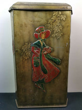 Load image into Gallery viewer, Antique Victory Tin Box Art Nouveau Tin Metal Box with Man and Woman Lady Victorian Original Late 1800's  Gold Green and Red