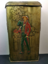 Load image into Gallery viewer, Antique Victory Tin Box Art Nouveau Tin Metal Box with Man and Woman Lady Victorian Original Late 1800's  Gold Green and Red