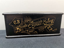 Load image into Gallery viewer, Antique French Societe Francaise de Cotons a Coudre Embroidery Floss Thread Sewing Supplies Box Paper Mache Lacquer Ware Hand Painted 1800's