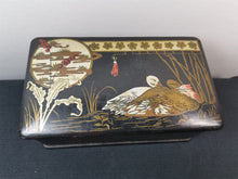 Load image into Gallery viewer, Antique French Societe Francaise de Cotons a Coudre Embroidery Floss Thread Sewing Supplies Box Paper Mache Lacquer Ware Hand Painted 1800's