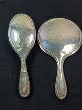 Load image into Gallery viewer, Antique Sterling Silver Vanity Hand Mirror and Hair Brush Hairbrush Set Brimingham England English Hallmark H Matthews 1911 with G Monogram