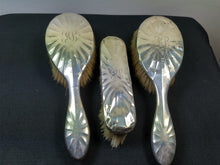 Load image into Gallery viewer, Antique Sterling Silver Vanity Hair Brush Hairbrush and Clothes Brush Set of 3 Brimingham England English Hallmark 1908 with HL LH Monogram