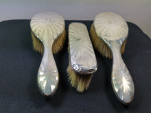 Load image into Gallery viewer, Antique Sterling Silver Vanity Hair Brush Hairbrush and Clothes Brush Set of 3 Brimingham England English Hallmark 1908 with HL LH Monogram