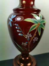 Load image into Gallery viewer, Antique Glass Flower Vase Cranberry Ruby Red Glass with Hand Painted Flowers and Butterfly or Dragonfly Late 1800's - Early 1900's Original