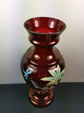 Load image into Gallery viewer, Antique Glass Flower Vase Cranberry Ruby Red Glass with Hand Painted Flowers and Butterfly or Dragonfly Late 1800's - Early 1900's Original