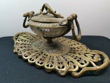 Load image into Gallery viewer, Antique Inkwell and Stand with Snakes Decoration Gilded Bronze Metal and Glass Victorian Original 1800's