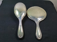 Load image into Gallery viewer, Antique Sterling Silver Vanity Hand Mirror and Hair Brush Hairbrush Set Brimingham England English Hallmark H Matthews 1911 with G Monogram