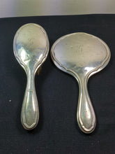 Load image into Gallery viewer, Antique Sterling Silver Vanity Hand Mirror and Hair Brush Hairbrush Set Brimingham England English Hallmark H Matthews 1911 with G Monogram