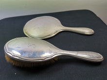 Load image into Gallery viewer, Antique Sterling Silver Vanity Hand Mirror and Hair Brush Hairbrush Set Brimingham England English Hallmark H Matthews 1911 with G Monogram