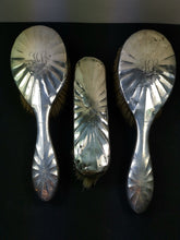 Load image into Gallery viewer, Antique Sterling Silver Vanity Hair Brush Hairbrush and Clothes Brush Set of 3 Brimingham England English Hallmark 1908 with HL LH Monogram