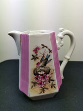 Load image into Gallery viewer, Antique Victorian Pitcher Jug Ceramic Bisque Porcelain with Bird and Nest of Eggs and Flowers Pink and White Late 1800's Original