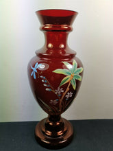 Load image into Gallery viewer, Antique Glass Flower Vase Cranberry Ruby Red Glass with Hand Painted Flowers and Butterfly or Dragonfly Late 1800's - Early 1900's Original