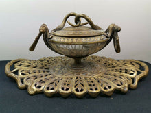 Load image into Gallery viewer, Antique Inkwell and Stand with Snakes Decoration Gilded Bronze Metal and Glass Victorian Original 1800's