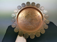 Load image into Gallery viewer, Antique Copper Metal Round Tray with Portuguese Coins 1880's Original Decorative Serving Hand Hammered Arts and Crafts