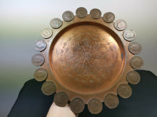 Load image into Gallery viewer, Antique Copper Metal Round Tray with Portuguese Coins 1880's Original Decorative Serving Hand Hammered Arts and Crafts