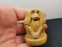 Load image into Gallery viewer, Vintage Monkey Netsuke Figurine Figure Hand Carved Wood Carving Miniature with Glass Eyes Speak See Hear No Evil Wooden