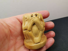 Load image into Gallery viewer, Vintage Monkey Netsuke Figurine Figure Hand Carved Wood Carving Miniature with Glass Eyes Speak See Hear No Evil Wooden