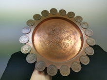 Load image into Gallery viewer, Antique Copper Metal Round Tray with Portuguese Coins 1880's Original Decorative Serving Hand Hammered Arts and Crafts