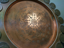 Load image into Gallery viewer, Antique Copper Metal Round Tray with Portuguese Coins 1880's Original Decorative Serving Hand Hammered Arts and Crafts