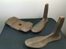 Load image into Gallery viewer, Antique Cobblers Shoe Last Lasts Cast Iron Metal Set of 2 Sizes and Stand Cobbler Shoe Making Tools