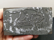 Load image into Gallery viewer, Antique Letterpress Printers Block Stamp of Dog and Bird in Grassland Near Pond Image Wood and Metal Type Printing Plate