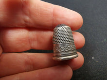 Load image into Gallery viewer, Antique Silver Thimble with Purple Amethyst Glass Top No 9 with Shield and Flowers