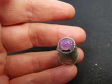 Load image into Gallery viewer, Antique Silver Thimble with Purple Amethyst Glass Top No 9 with Shield and Flowers