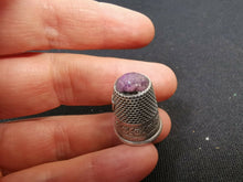Load image into Gallery viewer, Antique Silver Thimble with Purple Amethyst Glass Top No 9 with Shield and Flowers