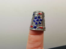 Load image into Gallery viewer, Vintage Silver Thimble with Blue and Red Enamel Flower