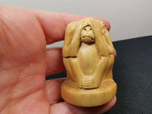 Load image into Gallery viewer, Vintage Monkey Netsuke Figurine Figure Hand Carved Wood Carving Miniature with Glass Eyes Speak See Hear No Evil Wooden