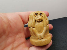 Load image into Gallery viewer, Vintage Monkey Netsuke Figurine Figure Hand Carved Wood Carving Miniature with Glass Eyes Speak See Hear No Evil Wooden